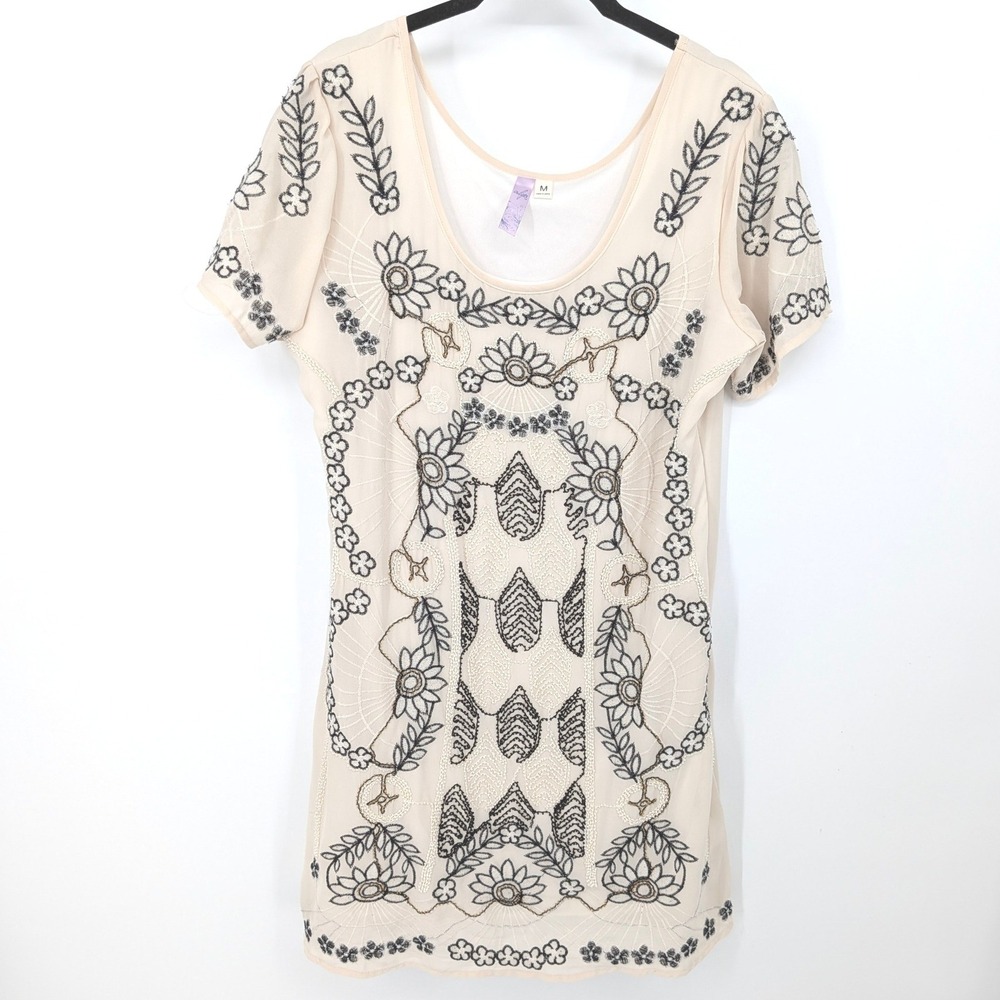 Alya Embroidered Mini Dress Women Medium Beige Floral Beaded Boho Indie Festival